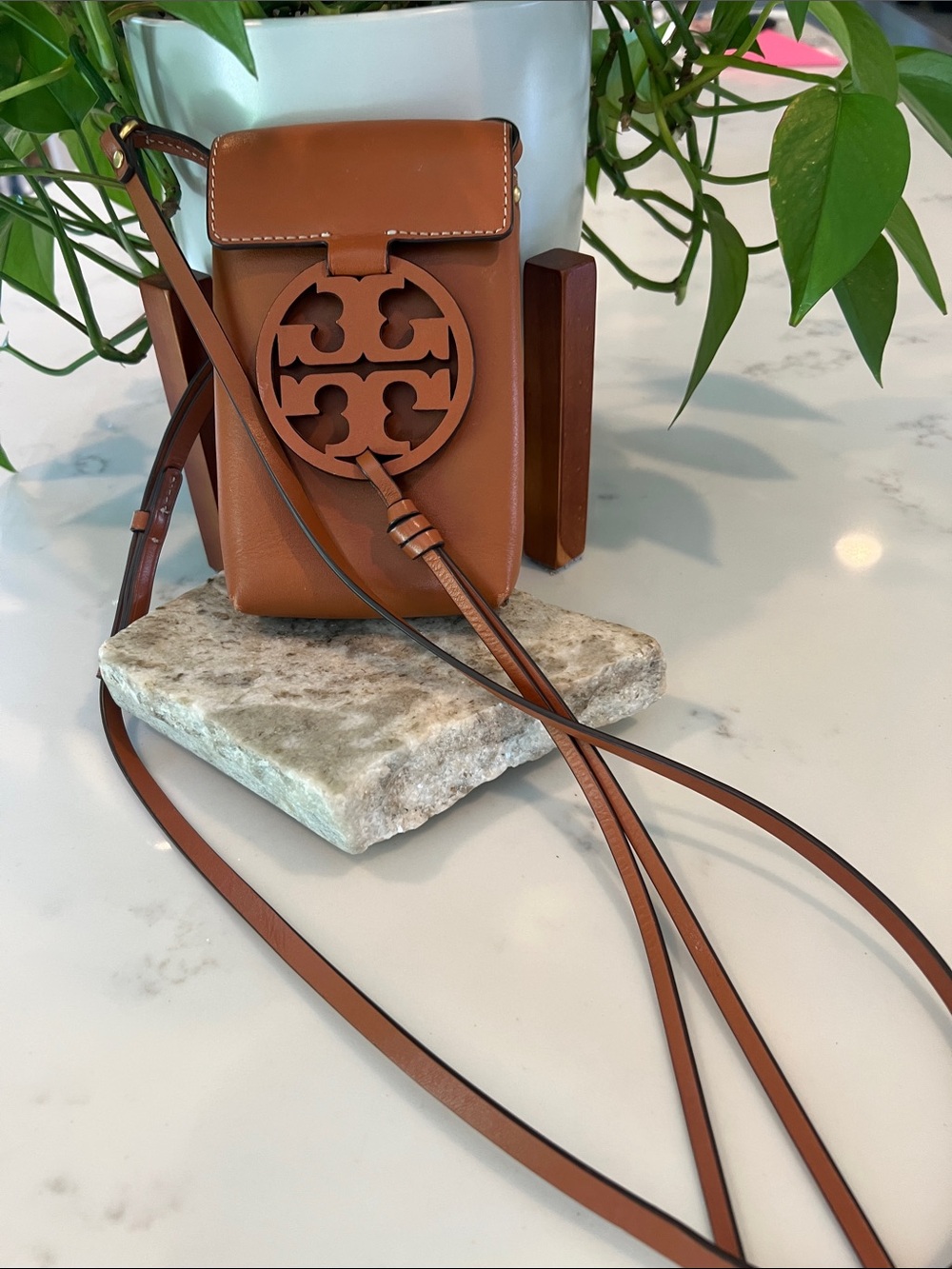 Tory Burch Tan Miller Logo Leather Crossbody Phone Bag